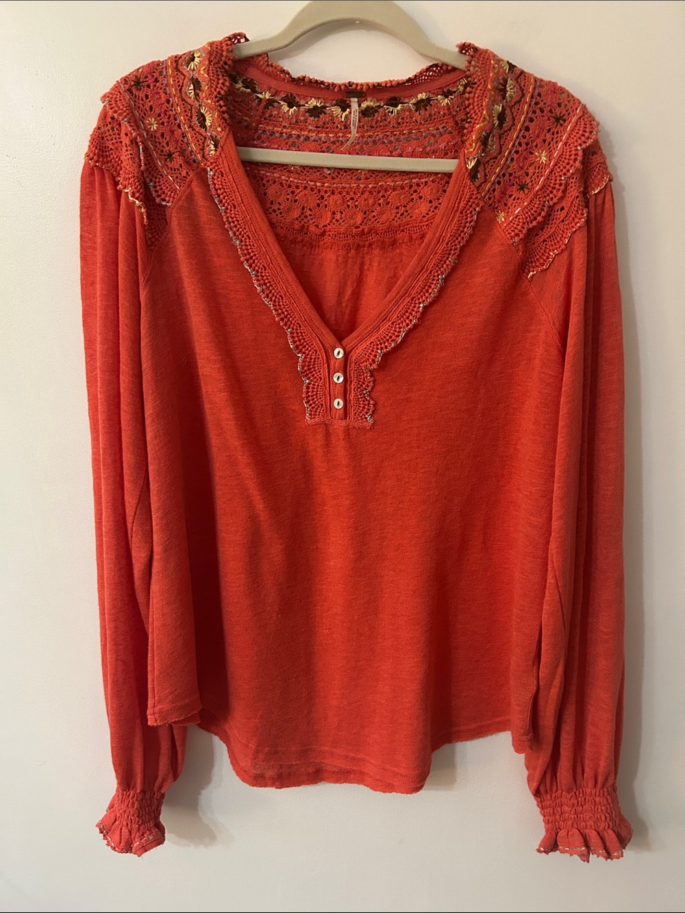 Free People Siesta Fiesta Crochet Yoke V-Neck Long Sleeve Blouse Coral Orange M